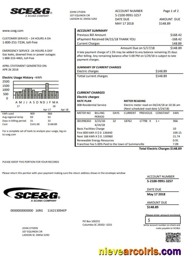 USA South Carolina SCE&G electricity utility bill